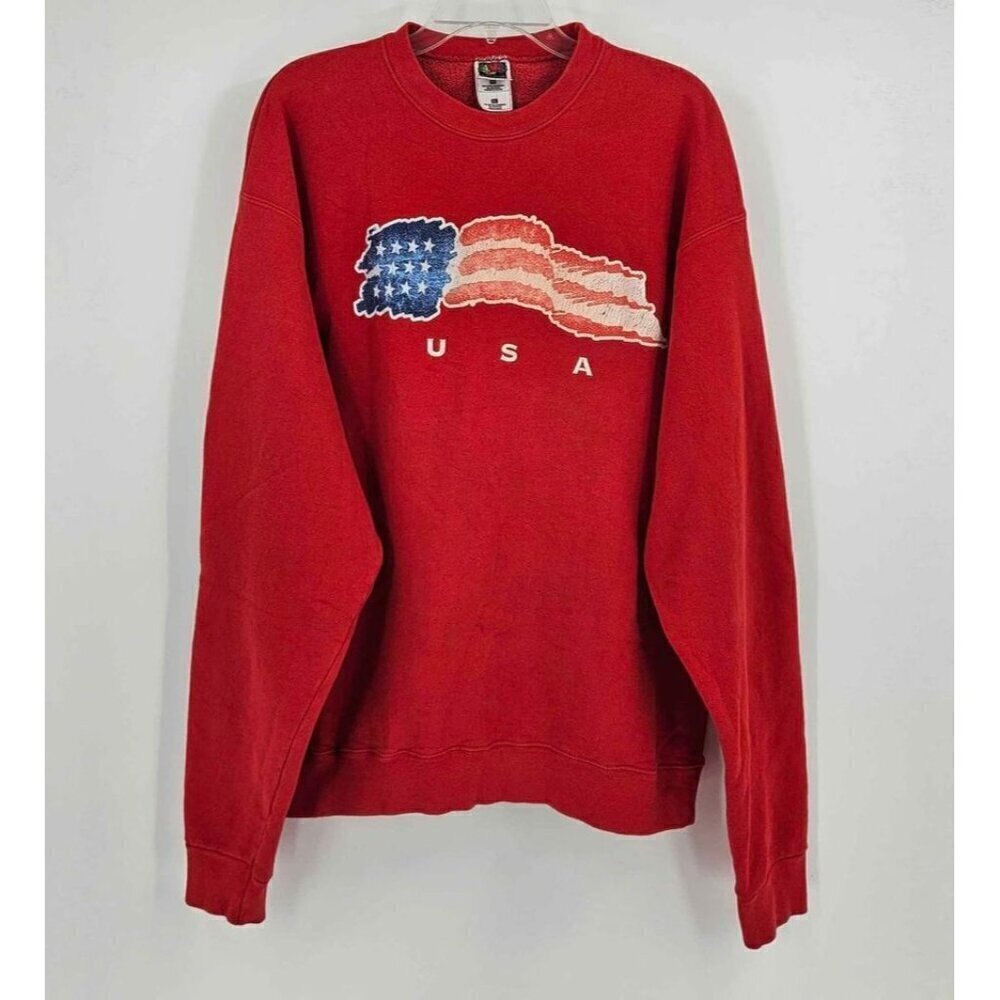 Retro Vtg American Flag USA XL Red Sweatshirt Fruit of the Loom Heavy Cotton